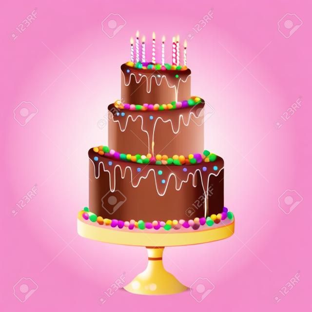 Realistische Geburtstagskuchen mit Schokoladenglasur Kerzen und süßen Tropfen Vektor-Illustration