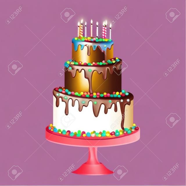 Realistische Geburtstagskuchen mit Schokoladenglasur Kerzen und süßen Tropfen Vektor-Illustration