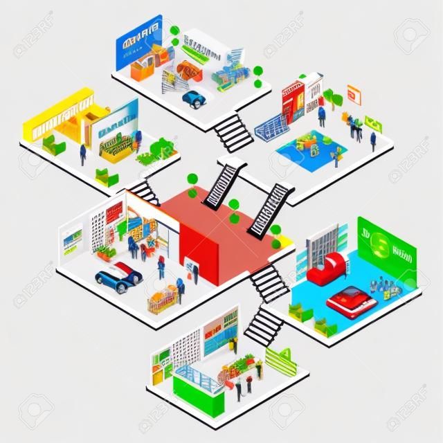 Ikona Mall izometryczny zestaw z koncepcyjnego 3D mapy wielopiętrowych centrum handlowego z różnych piętrach i obszarów ilustracji wektorowych
