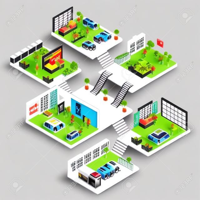 Mall Isometric icon set with conceptual 3d map of multistory shopping center with different floors and areas vector illustration