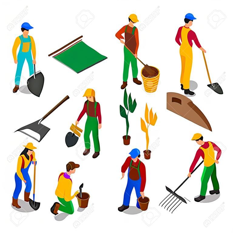 Farmers at work with scythe fork rake and shovel isometric figures icons collection abstract isolated vector illustration
