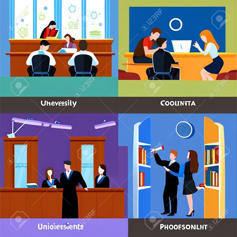 Students 2x2 flat color design concept with young people studying in library in auditorium and group of university graduates vector illustration