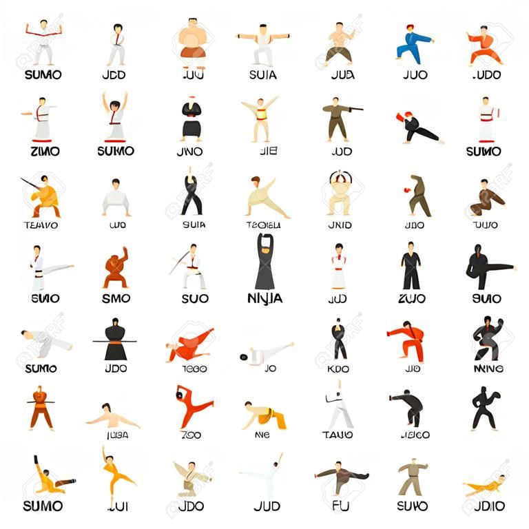 Sztuki walki dekoracyjne płaskie ikony ustaw z sumo karate judo ninja taekwondo kung fu Izolowane ilustracji wektorowych