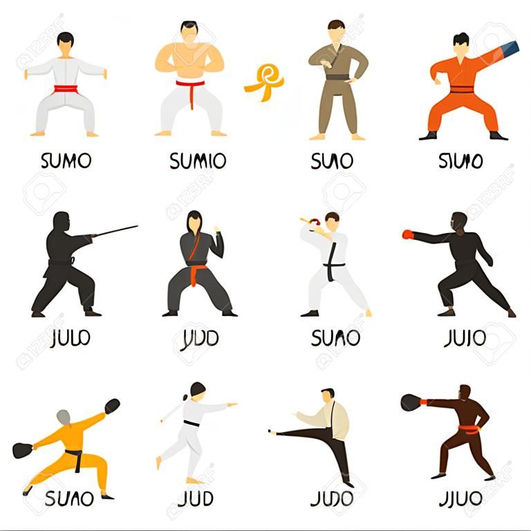 武術裝飾平圖標設置與相撲柔道空手道跆拳道忍者功夫孤立的矢量插圖