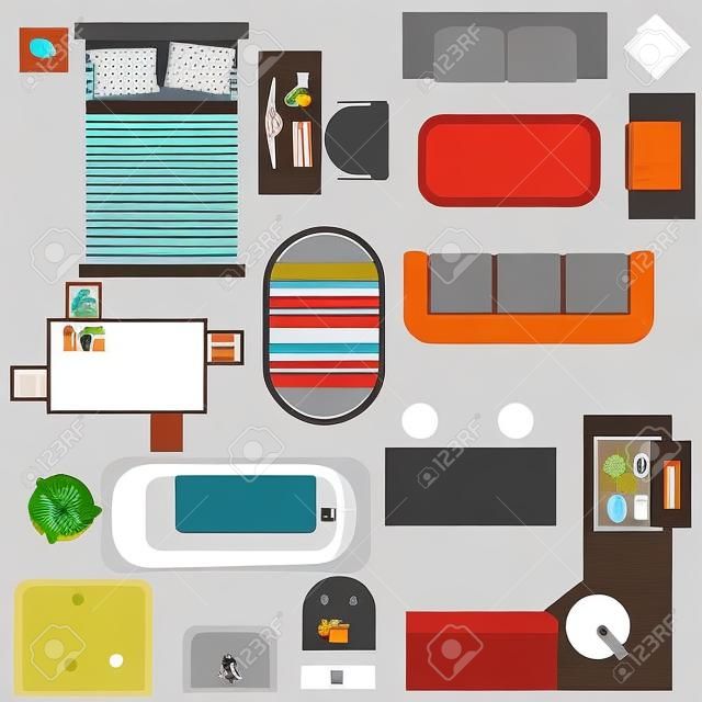 Vista superior de iconos decorativos muebles para el hogar con la ilustración vectorial aislados sofá cama silla de la cocina Mesa de set de baño fregadero inodoro