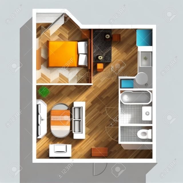 Colorful floor plan of apartment with one bedroom living room kitchen bathroom toilet and furniture flat vector illustration
