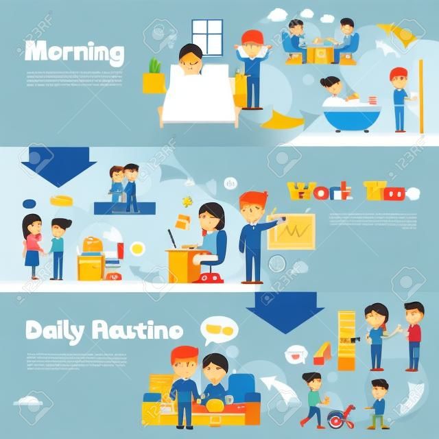 Scenes of people in daily life morning work time and daily routine cartoon style horizontal banners vector illustration