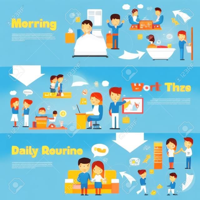 Scenes of people in daily life morning work time and daily routine cartoon style horizontal banners vector illustration