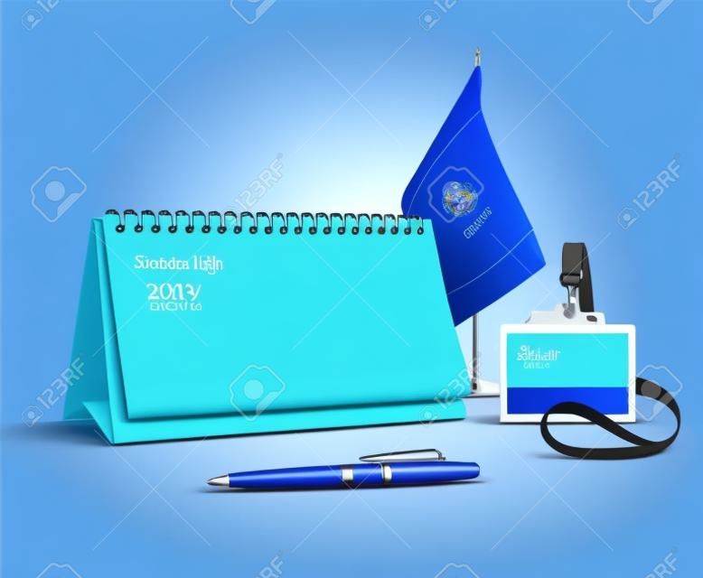日曆筆旗幟和徽章企業標識樣機設置藍色的為您設計的背景光現實矢量插圖