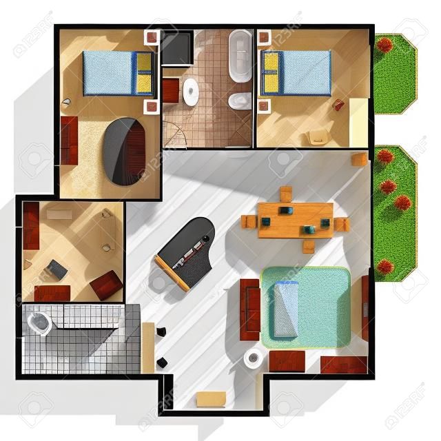 2 つのベッドルーム リビング ルーム キッチン バスルーム、家具フラット ベクトル図住宅の建築平面図