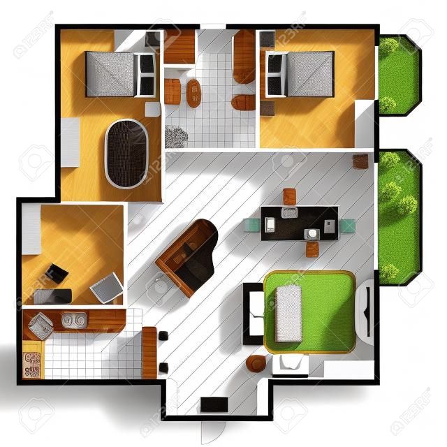 Architectuur plattegrond van huis met twee slaapkamers woonkamer keuken badkamer en meubels platte vector illustratie