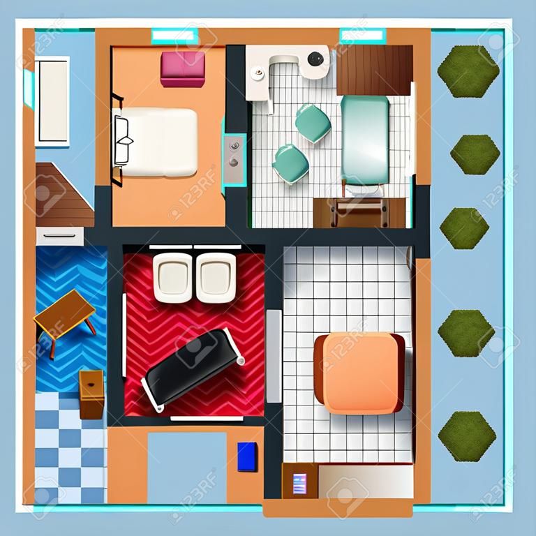 plan d'étage architectural de la maison avec deux chambres salon cuisine salle de séjour et meubles vecteur plat illustration