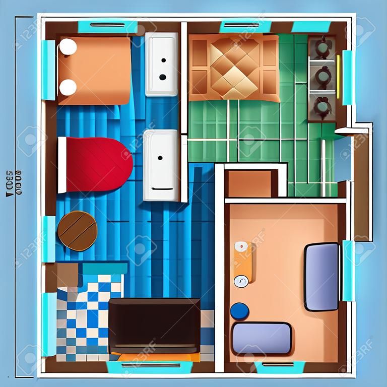 plan d'étage architectural de la maison avec deux chambres salon cuisine salle de séjour et meubles vecteur plat illustration