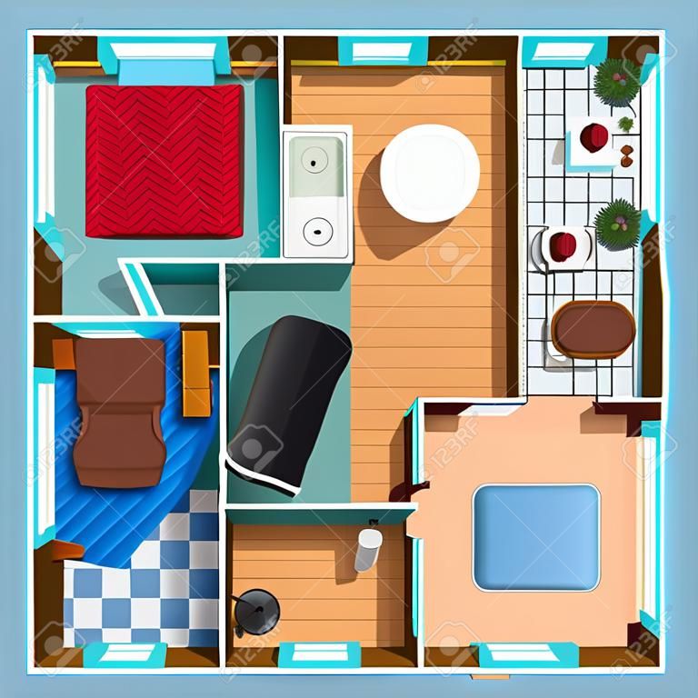 Architekturgrundriss des Hauses mit zwei Schlafzimmer Wohnzimmer Küche Bad und Möbel flach Vektor-Illustration