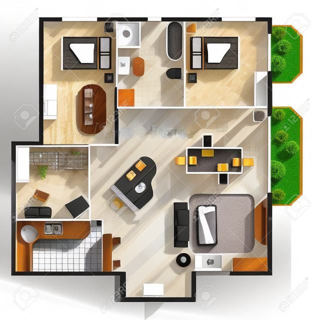 有兩間臥室客廳廚房衛生間和家具平矢量插圖的房子建築平面圖