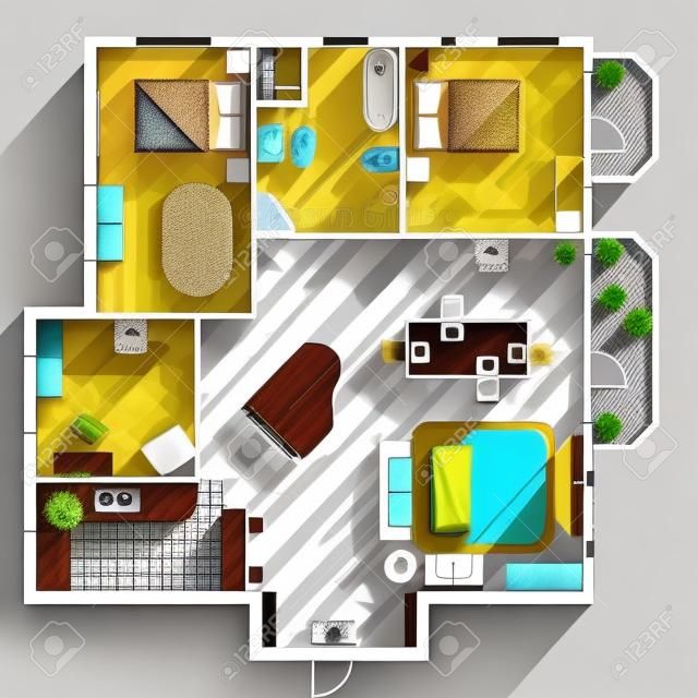 Architectuur plattegrond van huis met twee slaapkamers woonkamer keuken badkamer en meubels platte vector illustratie