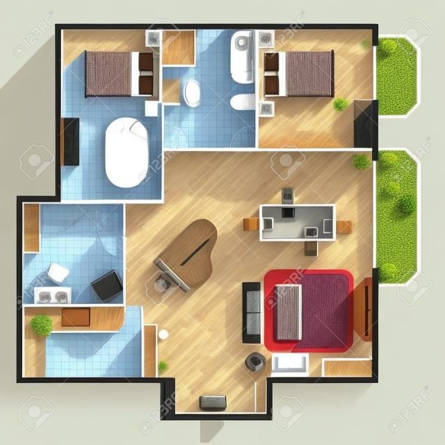 房屋建筑平面图带两居室客厅厨房卫生间及家具平面矢量图