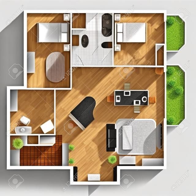 Építészeti alaprajz ház két hálószoba nappali konyha fürdőszoba és bútorok lakás vektoros illusztráció