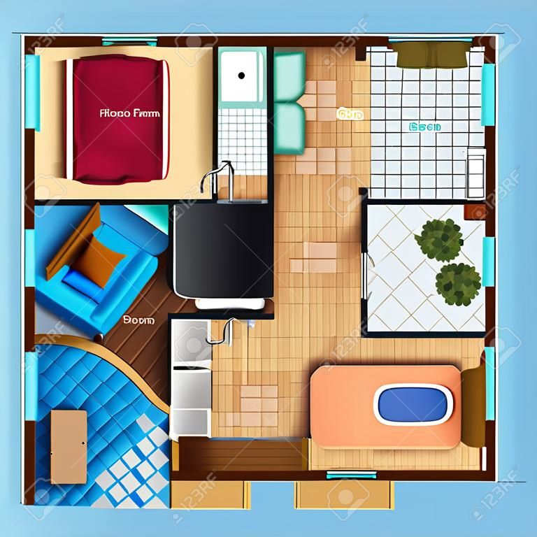 Архитектурный план этажа дома с двумя спальнями гостиная кухня ванная комната и мебель плоские векторные иллюстрации