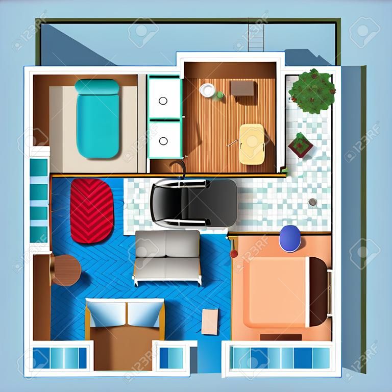Plano de piso arquitetônico de casa com dois quartos sala de estar cozinha banheiro e móveis ilustração vetorial plana
