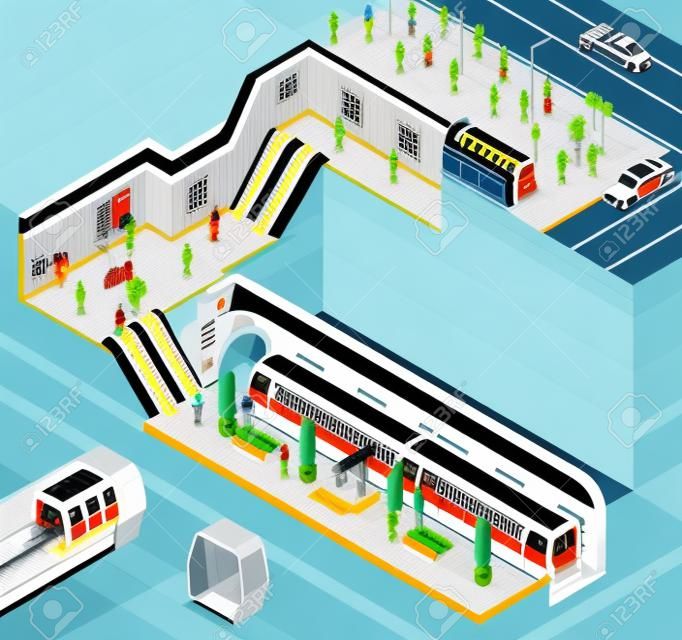 Underground isometric design composition with city station and trains vector illustration