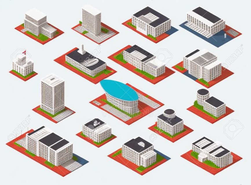 Government building isometric set with state institutions symbols isolated vector illustration