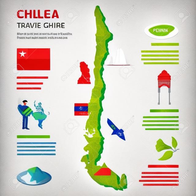 Chile infographics flat layout with border map and travel guide page text elements and symbols illustration