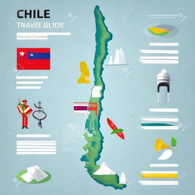 Chile infographics flat layout with border map and travel guide page text elements and symbols illustration