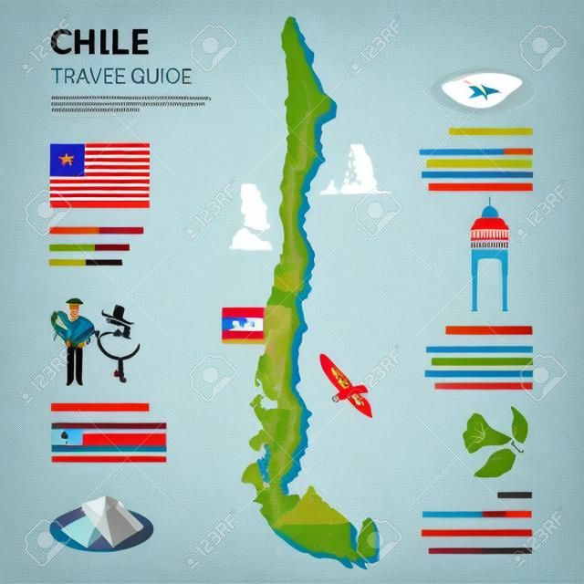 Chile infographics lakás elrendezése szegéllyel térkép és útikalauz oldal szöveges elemek és szimbólumok illusztráció