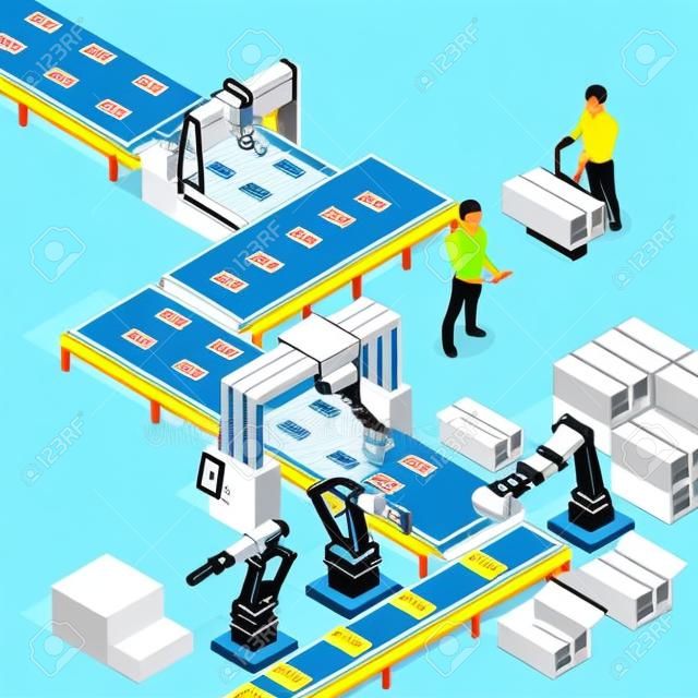Linha de montagem de fábrica automatizada com braço robótico e processo de fabricação controlada por correia transportadora ilustração vetorial de cartaz isométrico