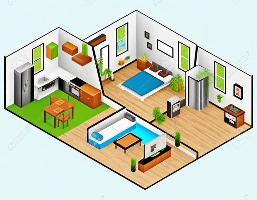 Wohnung isometrische Design mit Schlafzimmer Badezimmer Küche und Wohnzimmer Vektor-Illustration