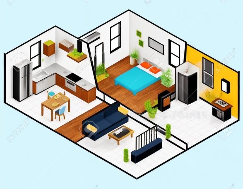公寓等距設計，臥室浴室廚房和客廳的矢量插圖