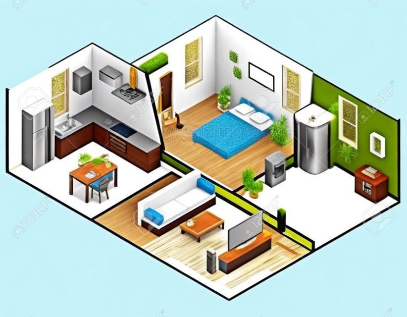 公寓等距設計，臥室浴室廚房和客廳的矢量插圖