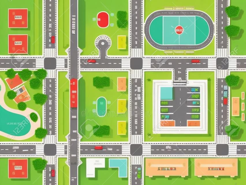 Stad kaart top uitzicht poster met wegen huizen zwembad parkeerplaats veld en spoorweg vlakke vector illustratie