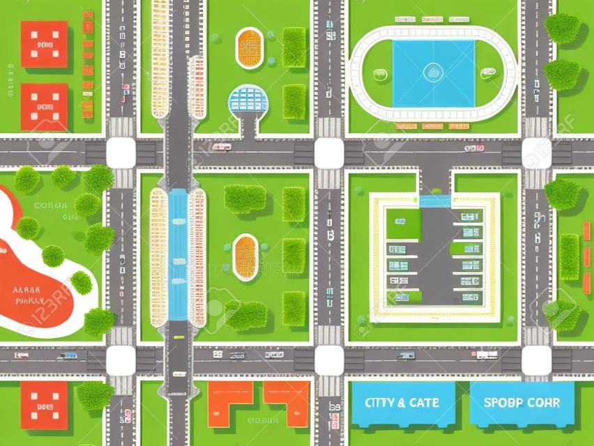 Карта города сверху плакат с дорогой находится поле бассейна парковки и железнодорожные плоско векторные иллюстрации