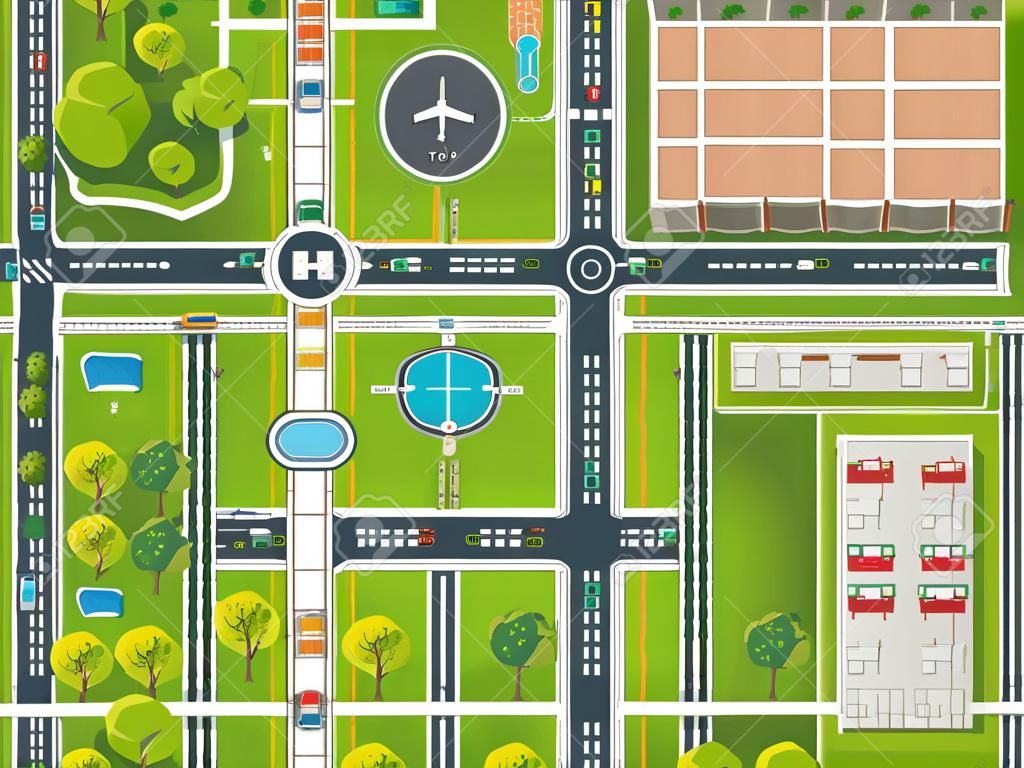 Mappa della città top view poster con le strade case piscina campo di parcheggio e ferrovie illustrazione vettoriale piatto