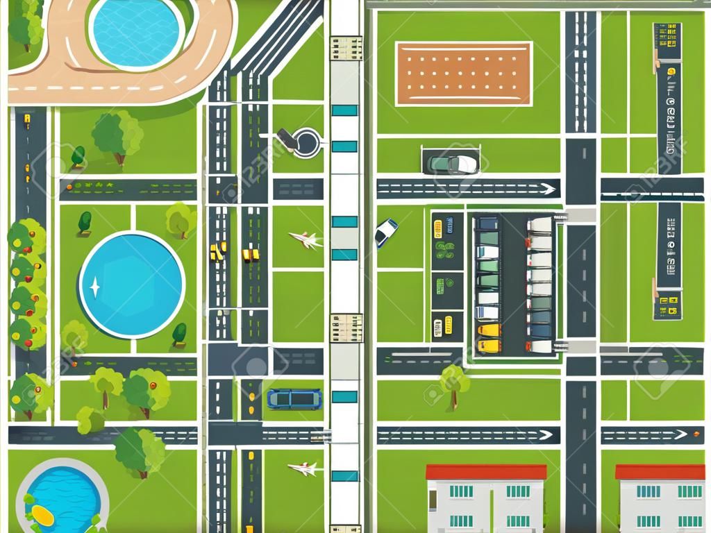 城市地图顶视图海报与道路房屋住宅停车场和铁路平面矢量插图