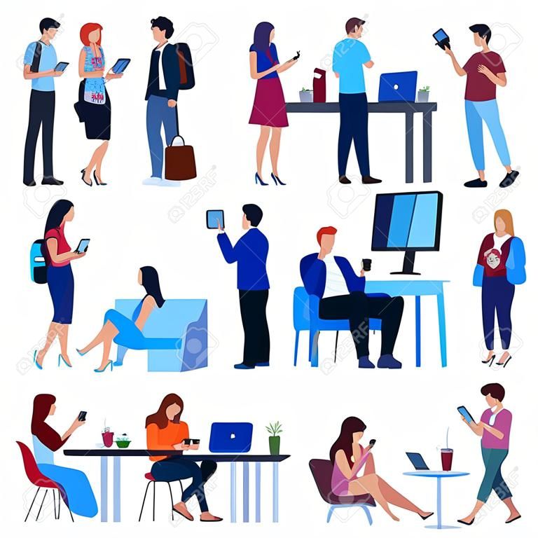 Design collection of people looking in gadgets screen in cafe and office on street and beach flat isolated vector illustration