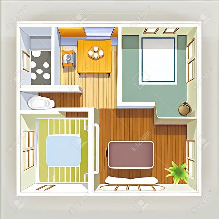 Top view apartment interior detailed plan with lounge kitchen bathroom two bedrooms furniture vector illustration