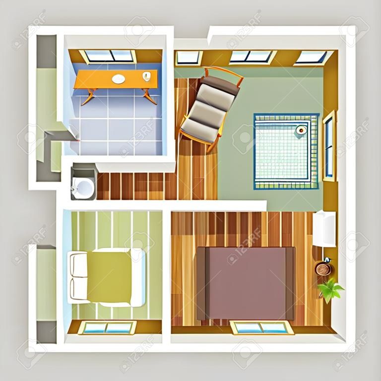 Top view apartment interior detailed plan with lounge kitchen bathroom two bedrooms furniture vector illustration
