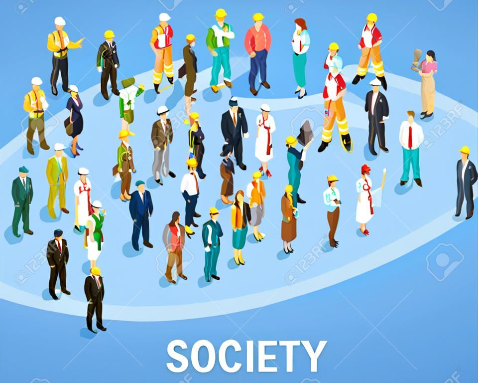 Professionelle Gesellschaft isometrischen Hintergrund mit Menschen von verschiedenen Berufen und Arbeitsplätze isoliert Vektor-Illustration