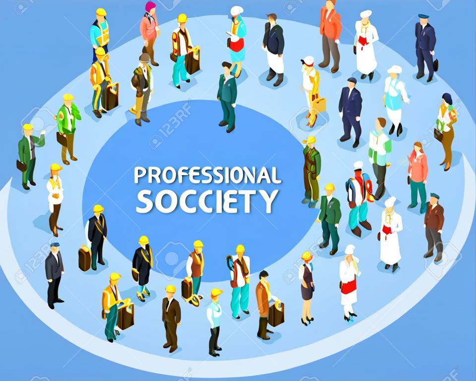 isometrica sfondo società professionale con persone di diverse professioni e posti di lavoro illustrazione vettoriale isolato