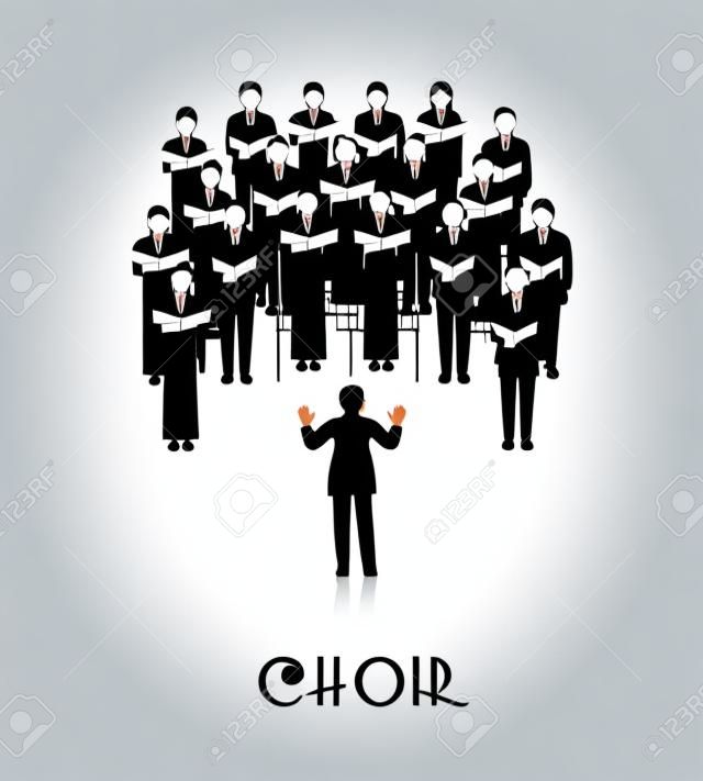 Klasyczny występ chóru z muzyką arkusza prowadzony przez dyrygenta ubrana na czarno na białym tle ilustracji wektorowych