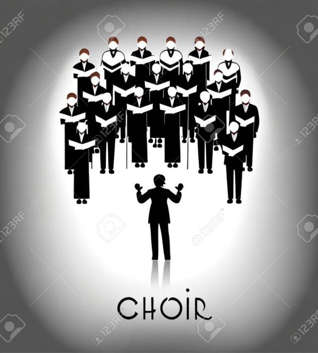 Desempenho coral clássico com partituras lideradas por maestro vestido de preto na ilustração vetorial de fundo branco