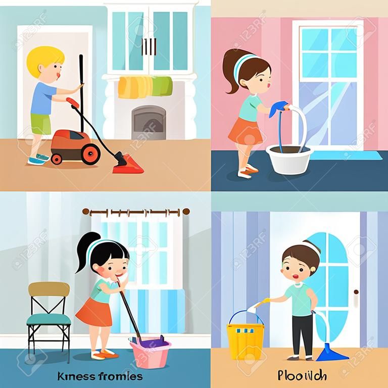 Kleurrijke cartoon 2x2 ontwerp concept met kinderen schoonmaken huis geïsoleerde vector illustratie