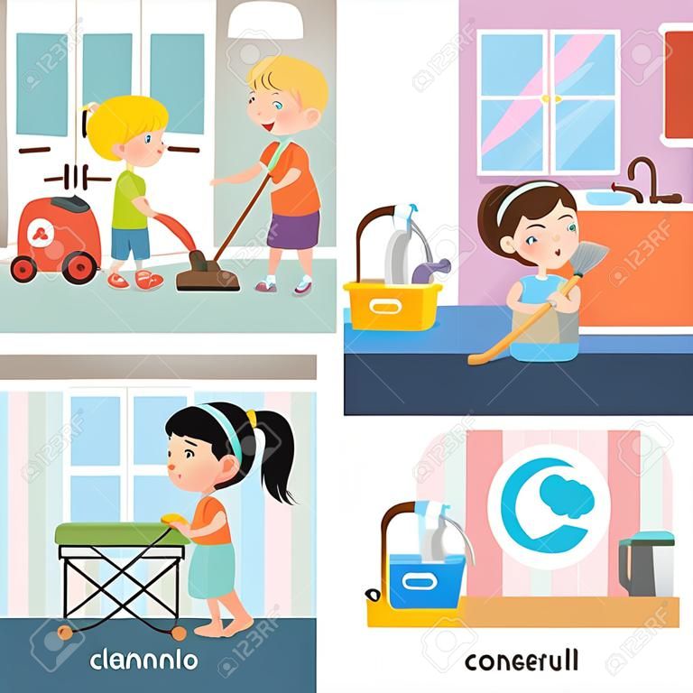 Buntes Comic-2x2-Design-Konzept mit Kindern Haus isoliert Vektor-Illustration Reinigung
