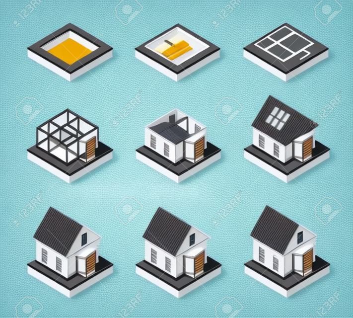 Domowe budów faz isometric ikony ustawiają odosobnioną wektorową ilustrację