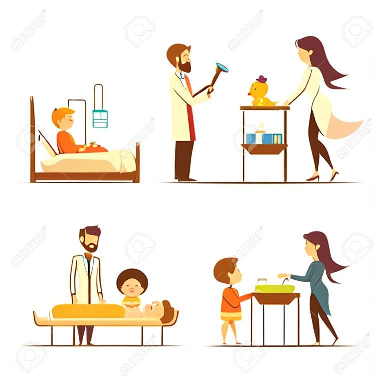 Kranke Kinder Behandlung im Krankenhaus 4 Retro-Cartoon-Symbole mit Ärzten Krankenschwester und Eltern isoliert Vektor-Illustration