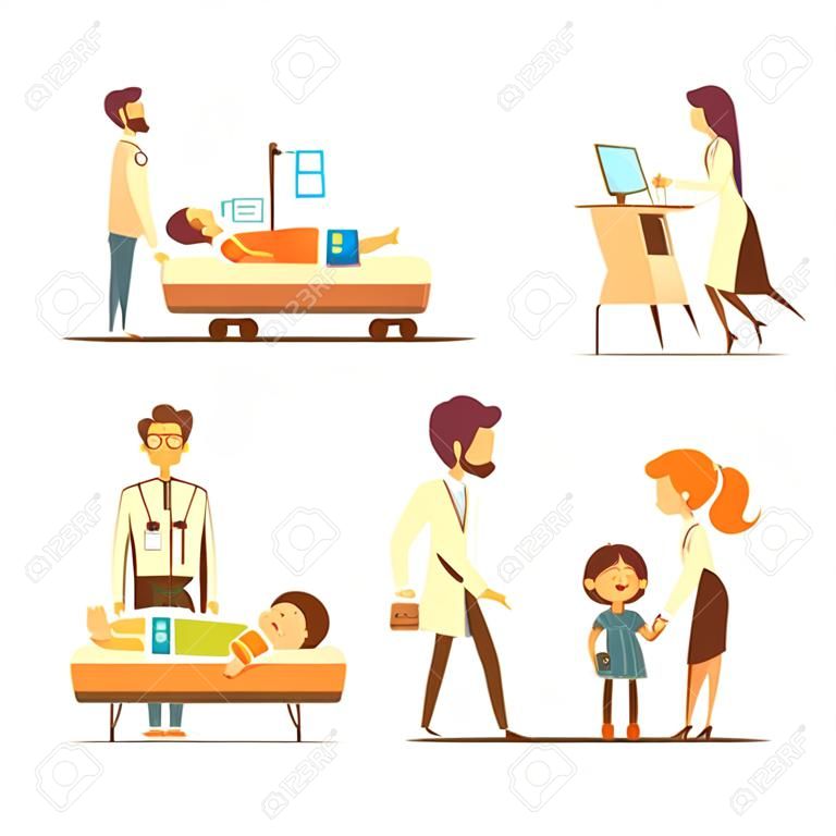 Tratamento de crianças doentes no hospital 4 ícones retro dos desenhos animados com enfermeira dos médicos e pais ilustração vetorial isolada