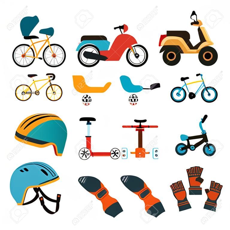 어린이 안전 신체 보호 스포츠 장비 보호 절연 된 이미지 playcars 자전거 kneecaps 및 헬멧 벡터 일러스트와 함께 설정